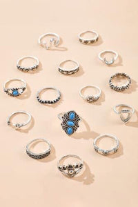 15 Piece Moon & Flower Silver Ring Set